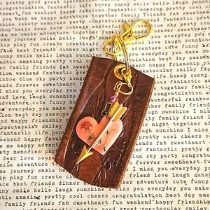 Vintage leather keyring enamel heart charm arrow OOAK aromatherapy